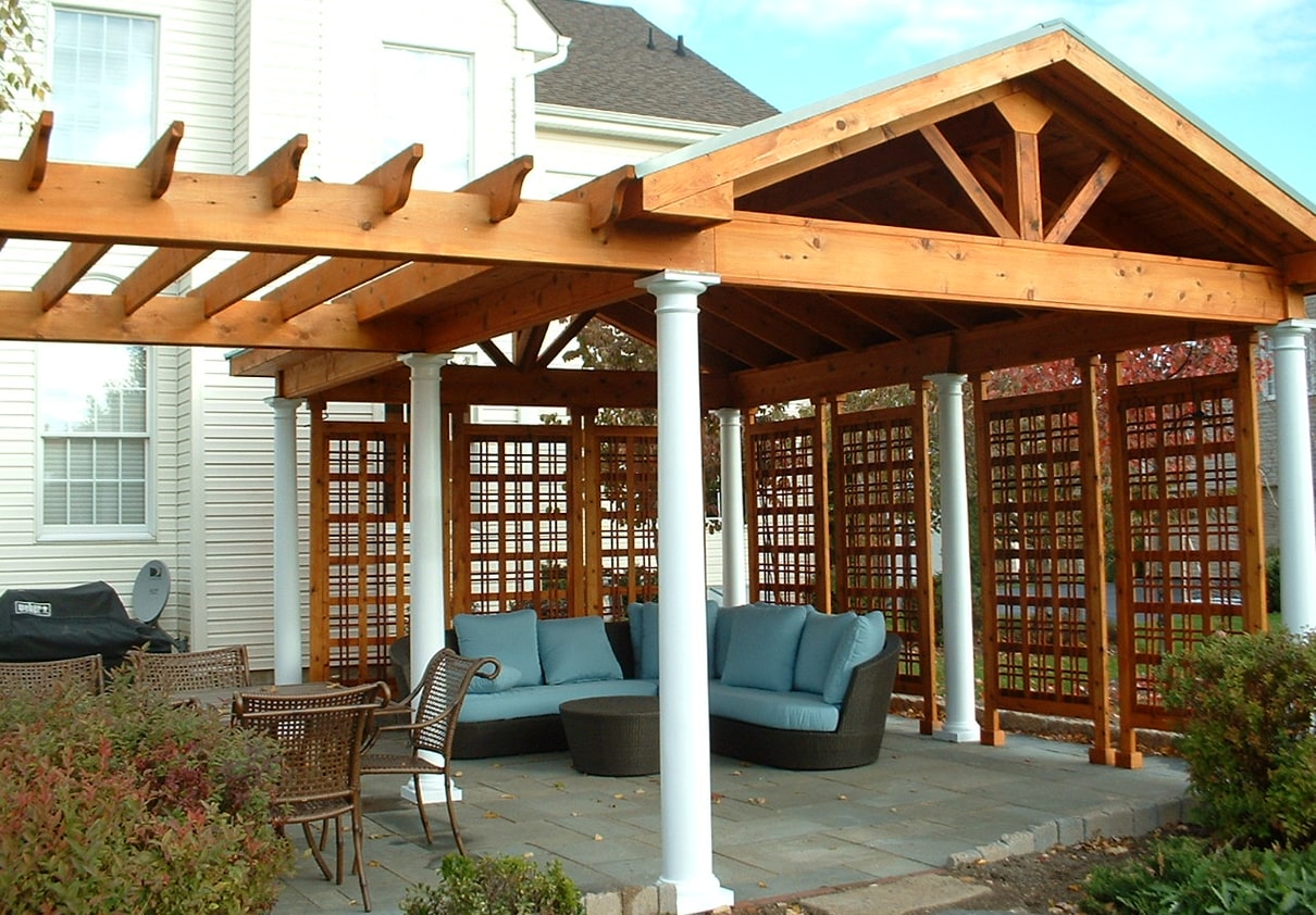 A patio with a wooden structure